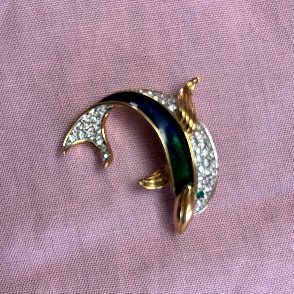 Atwood & Sawyer Green and Blue gold tone Dolphin Brooch